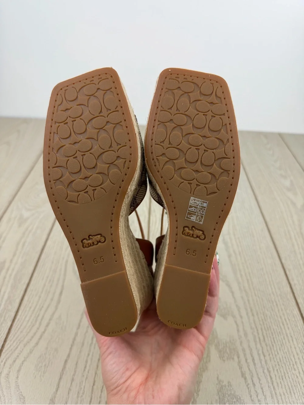 Coach Women's Signature Jacquard Espadrille Wedge Sandals 6.5B Cocoa Amber $175